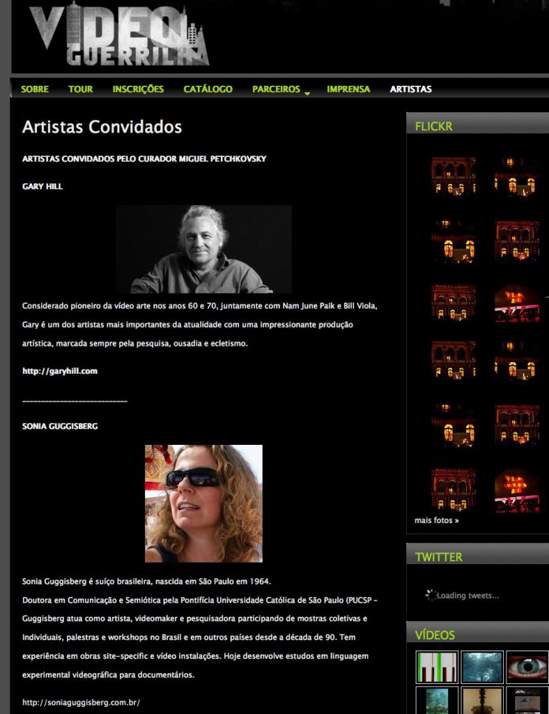 Sonia Guggisberg foi artista convidada no Video Guerrilha 2015, apresentando obras em vídeo que refletem arte, memória e sustentabilidade.